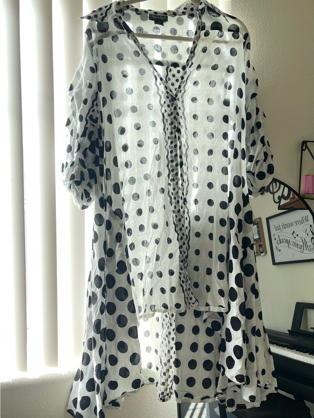 Polka Dot Puff Sleeve Women’s Dress - Black on White - Picture 2 of 8